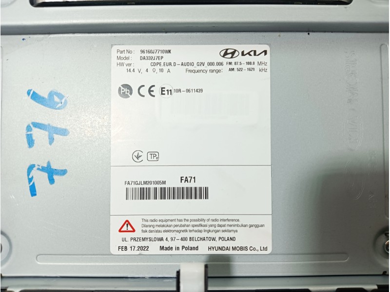 Recambio de pantalla multifuncion para kia ceed 1.0 tgdi cat referencia OEM IAM 96160J7710WK  