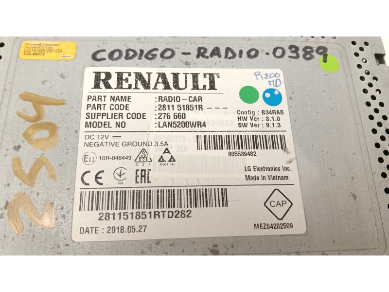 Recambio de sistema audio / radio cd para dacia lodgy (js_) 1.6 lpg referencia OEM IAM 281151851R  
							