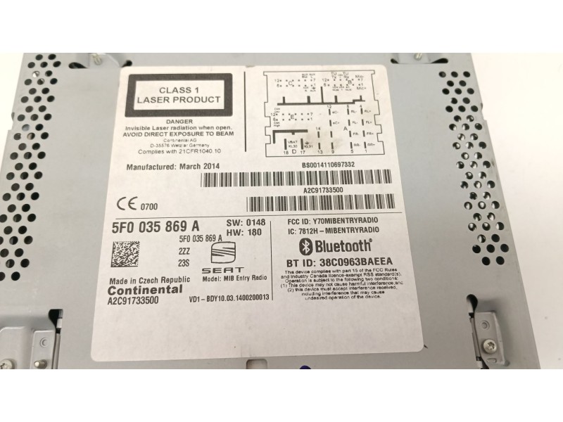 Recambio de sistema audio / radio cd para seat leon (5f1) 1.6 tdi referencia OEM IAM 5F0035869A  
							
